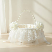 Satin Flower Girl Basket with Pearl Handle Charming Flower Girl Basket with Bow Exquisite Romantic for Brides