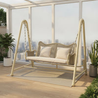 Double Swing Chair with Stand Freestanding Swing Chair with Stand Cushioned Furniture for Couples, Adults, Backyard, Balcony, Garden