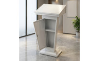 Slanted-Top Metal Lectern with Door Freestanding Presentation Podium with Cabinet Industrial Standing Podium with Shelf Tapered for Speakers, Receptionists, Lecture Halls, Hotel Lobbies, Sales Offices