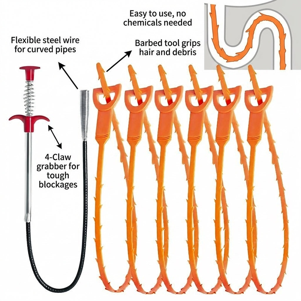 for Hair Clogs, Flexible Drain Cleaning Tool Set with Auger for Kitchen Sink and Pipe Snake for Homeowners, 35.5 Inch