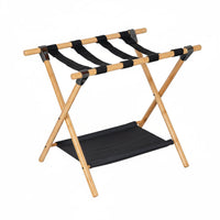 Space-Saving Bamboo Luggage Rack Bottom Shelf Folding Luggage Rack Stable Frame Foldable Suitcase Stand Heavy Duty for Travelers, Guest Room, Bedroom