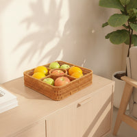 Handwoven Woven Fruit Basket with Lid Rattan-Style Divided Basket with Lid Low-Height Woven Organizer with Cover Square for Dining Table, Kitchen, Living Room