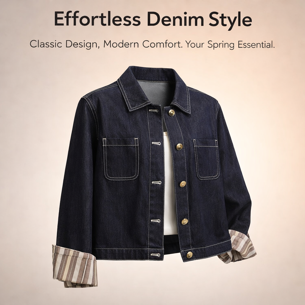 Denim Jackets Women Plus Size Cropped with Embroidered Details, Oversized Long Sleeve Design with Striped Cuffs, Casual Wear for Spring
