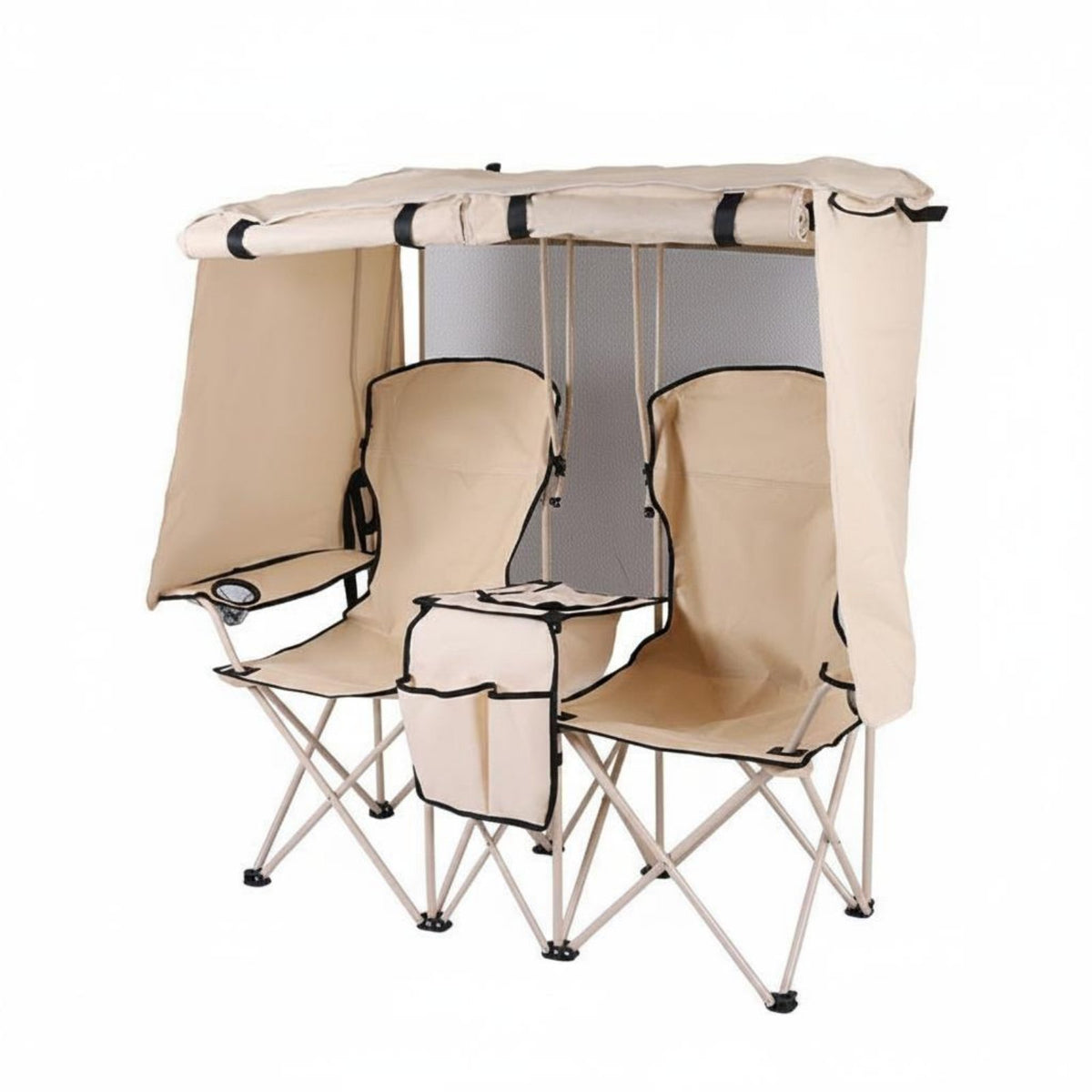 Double Folding Chair with Umbrella Foldable Design Portable Beach Loveseat with Canopy Storage Pockets Outdoor Furniture for Picnic, Backyard