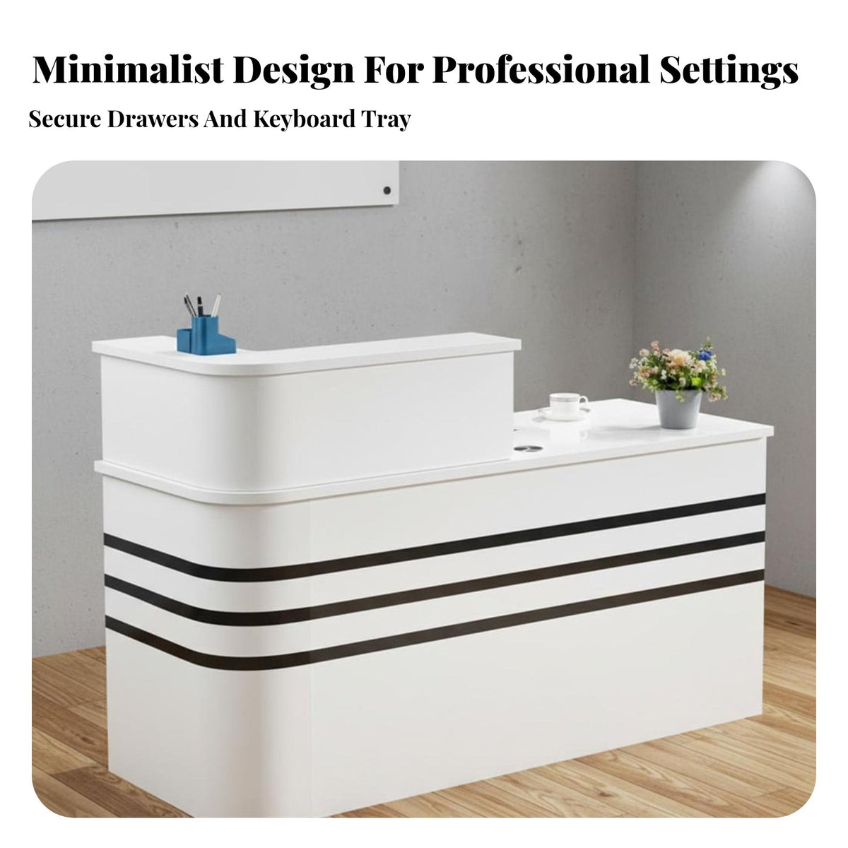Varnish Ed Finish Modern Reception Desk Heavy-Duty Two-Tier Front Desk Painted Steel Frame Retail Checkout Counter Scratch-Resistant for Receptionists, Salon Team, Business Owners, Medical Office, Hotel Lobby