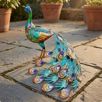 2 Pieces Metal Peacock Figurine Large Tail Peacock Figurine Colorful for Outdoor