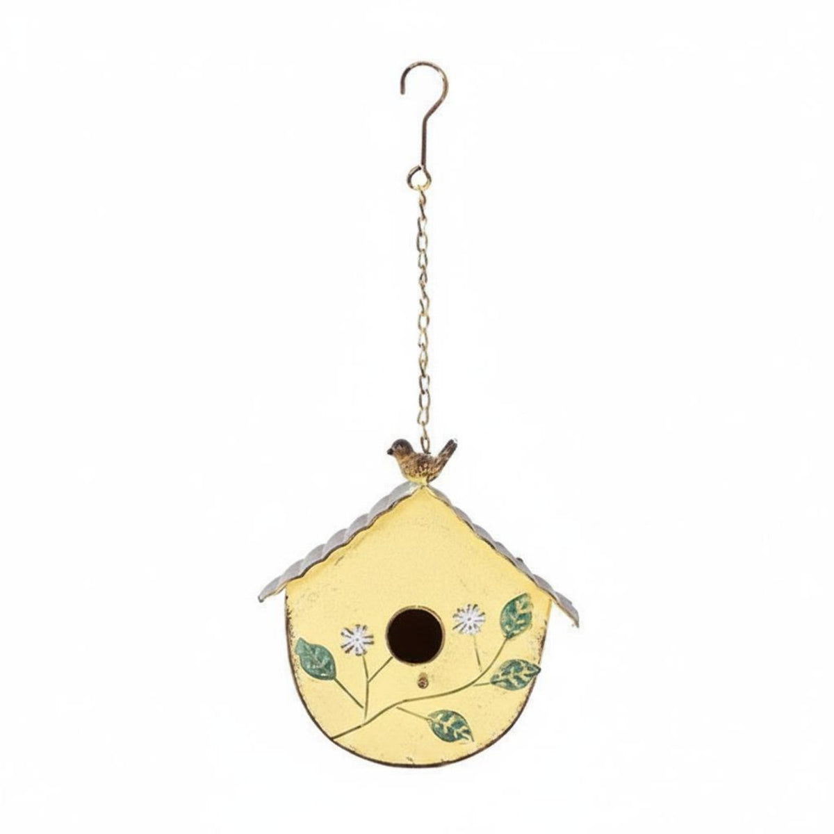 Distressed Finish Hanging Metal Birdhouse Floral Embellishment Decorative Metal Birdhouse Great Gift Idea Wrought Iron Bird Nest for Gardeners, Balcony, Patio, Yard