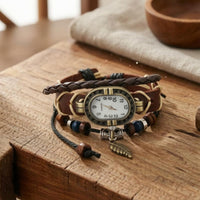 Handmade Leather Bracelet Watch Adjustable Band Oval Dial Bracelet Watch Gold-Tone Frame