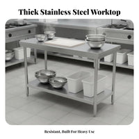 Rust Resistant Commercial Kitchen Prep Table Easy to Clean Commercial Food Prep Table Solid Tabletop Heavy Duty Metal Workbench Stable Design for Restaurant Team, Home Cooks, Homeowners, Catering, Workshop, Garage