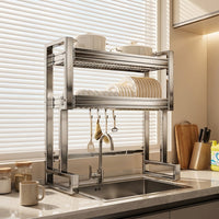 Over Sink Dish Rack Stainless Steel Dish Rack, Double Layer Full Set with Utensil Holder, Cutting Board Rack, Knife Rack, Cleaning Basket Drainer