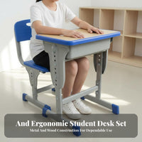 Backpack Hook Adjustable Student Desk and Chair Set Long-Lasting School Desk and Chair Combo Sturdy Frame Height Adjustable Study Table Built-in Storage for Students, Tutoring Center, Learning Centers, Home