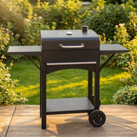 Briquette-Fueled Grill with Side Shelves Outdoor Briquette-Fueled Grill with Thermometer Porcelain-Enameled for Home Cooks, Backyard, Patio, Garden