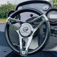 Marine Steering Wheel Black rims 3 Spoke Boat Steering Wheel Polished Metal for Boats, Yachts