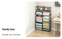 Multi-Layer Design Narrow Floor Bookshelf Space Saving Metal Grid Shelf Multifunctional Modular Wire Shelf Easy Assembly for Children, Students, Study Room, Bedroom, Office, Playroom