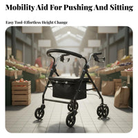 Long-Lasting Steel Frame Elderly Shopping Cart Mobility Aid Underseat Storage Walking Aid with Seat and Basket Adjustable Height 4-Wheel Mobility Aid with Seat Double Braking System for Seniors, Daily Errands, Outdoor, Outdoors, Indoors