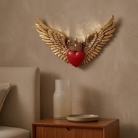 Antique-Style Heart Crown Decoration Gold-Tone Angel Wing Plaque Raised Feather Detail Heart Wing Wall Decor Ornate
