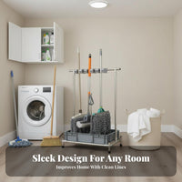 Multi-Functional Floor Standing Mop and Broom Rack With Drain Tray Movable Mop Rack Heavy Duty Freestanding Broom Holder Flexible Loaded Holders for Janitors, Commercial Areas, Janitor's Closet, Garage, Warehouse