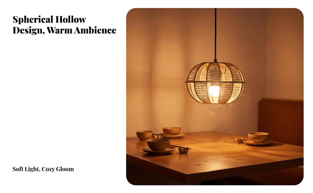 Rattan Design Hanging Lamp Natural Material Paper Rope Woven Shade Lamp Woven Globe Lampshade Hollow-Openwork Design Boho