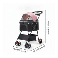 4-Wheel Pet Stroller with Storage Basket Portable Foldable Pet Stroller Lightweight Stroller with Mesh Panels Breathable for Young Dogs