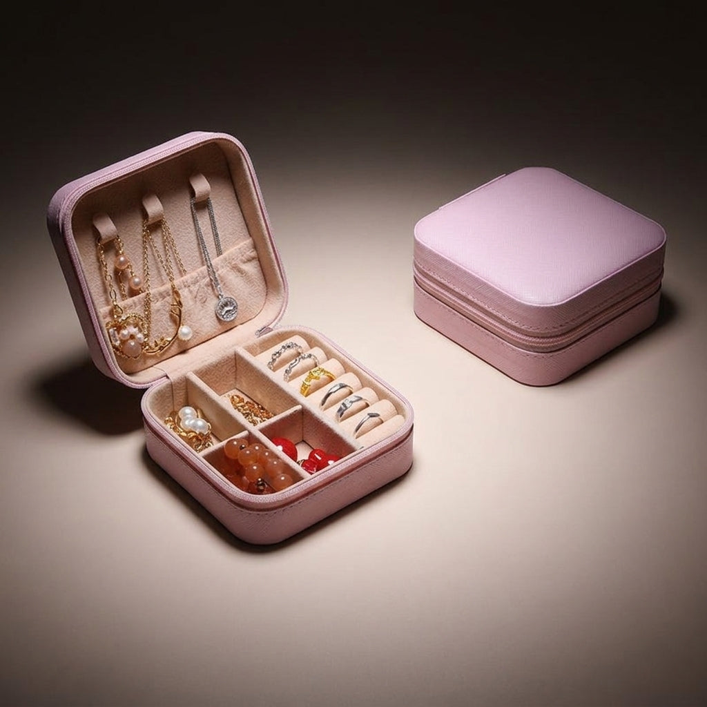Jewellery Box and Gift Box for Women, PU Leather Storage Case with Zipper and Compartments, Travel Case Earring Holder