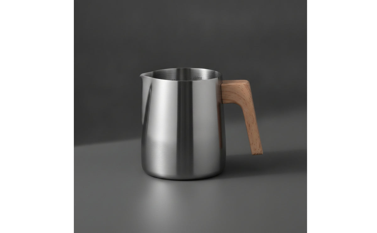 Milk Steaming Pitcher with Wooden Handle Exact Measurement for Coffee Lovers