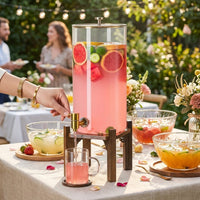 Drink Dispenser with Tap 2 Pack, Glass Water Beverage Dispenser with Wood Stand and Lid, Large Capacity Iced Tea Server for Parties and Buffets
