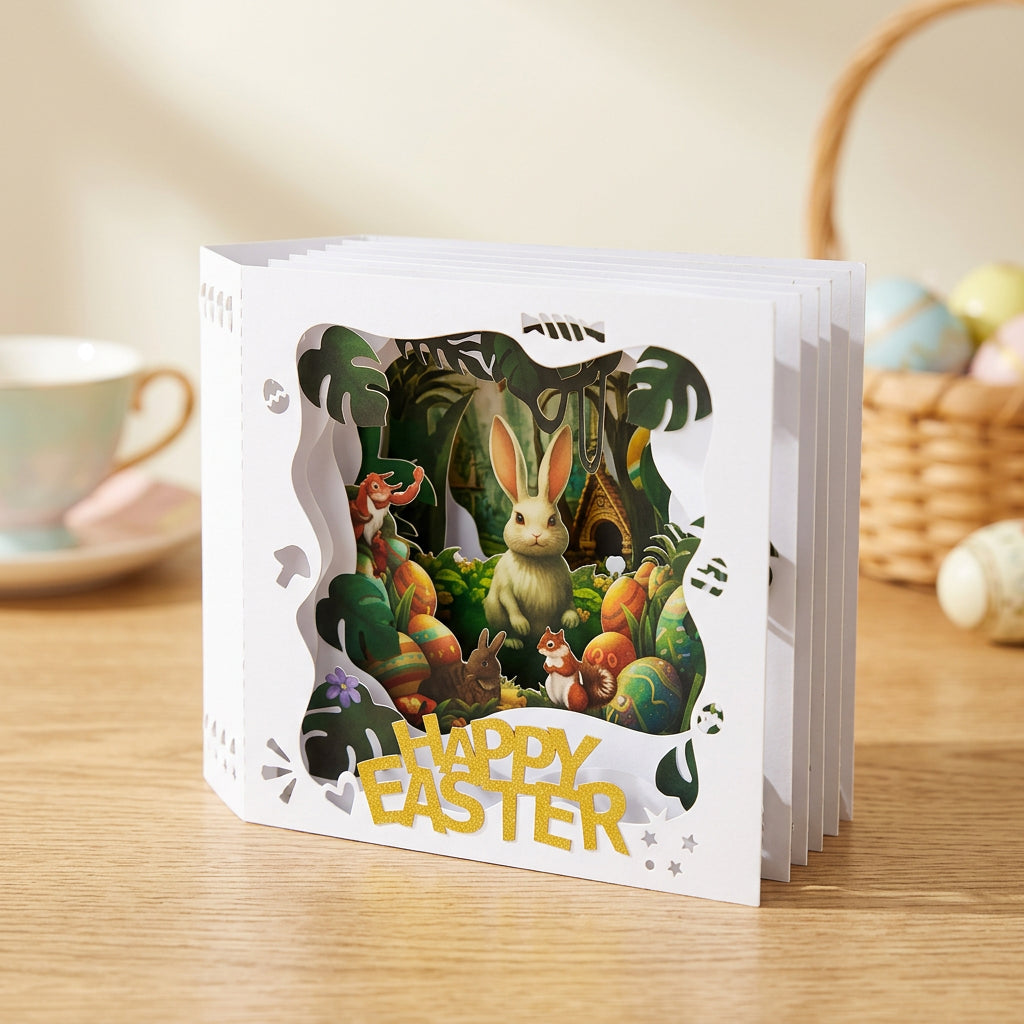 Easter Basket Spring-up 3D Greeting Intricate Papercraft Bunny Basket Greeting Card Cut Details for Children, Families, Gift Giving, Gifting, Parties