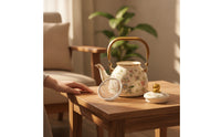 Teapot with Infuser Gold Enamel Floral Teapot Porcelain Enameled Kitchenware for Kitchen Counter