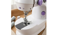 Compact Desktop Sewing Machine Foot Pedal Electric Sewing Machine White and Lavender Adjustable Dials