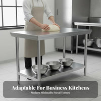 Easy to Clean 2-Tier Stainless Steel Table High Load Capacity Stainless Steel Prep Table Rust-Resistant Commercial Kitchen Worktable Multi-Purpose for Caterers, Restaurant Personnel, Homeowners, Bakery, Warehouse, Garage, Workshop