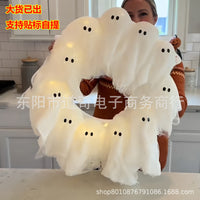 跨境TK热销Lit Ghosts Wreath万圣节点亮幽灵花环前门布置挂件