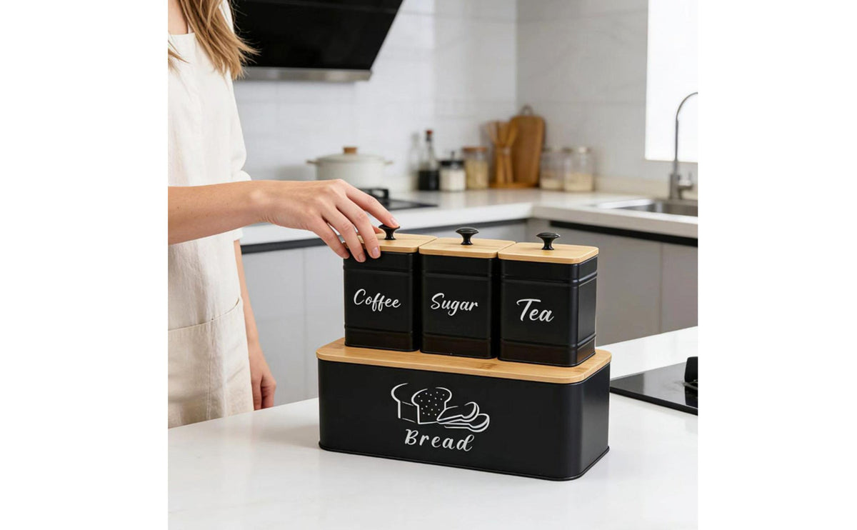 4 Pieces Airtight Lid Coffee Sugar Tea Canister Set Silicone Seal Black Metal Food Storage Set Countertop Organizer Bread Box with Canisters Easy to Clean for Pantry