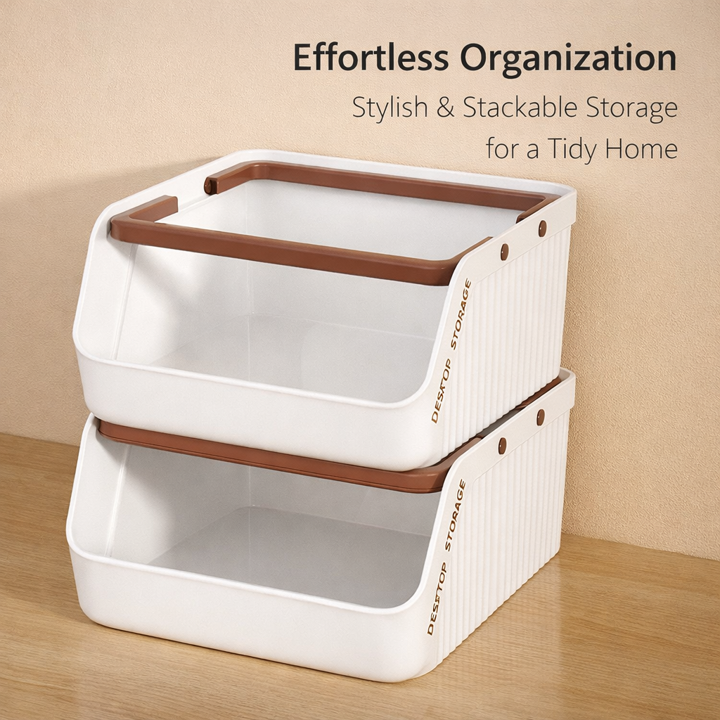 Clear Desktop Organizer Basket with Handle, Stackable Storage Boxes for Shelves, Desk for Students, Small Wardrobe