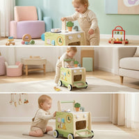 Pretend Play Kitchen Pusher Educational Wooden Activity Pusher Sturdy Push Cart with Wheels Safe for Toddlers, Nursery