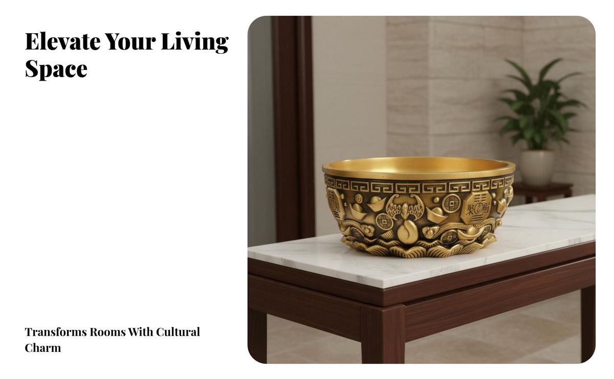 Traditional Classic Design Brass Treasure Basin Fine Workmanship Brass Wealth Bowl Ideal Gift Wealth Bowl Handmade Craft for Collectors, Business Owners, Homeowners, Living Room, Entrance Hall, Office, Study