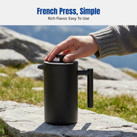 French Press Coffee Maker, Outdoor Camping, Double Wall 304 Stainless Steel, Black, Manual Brew Pot