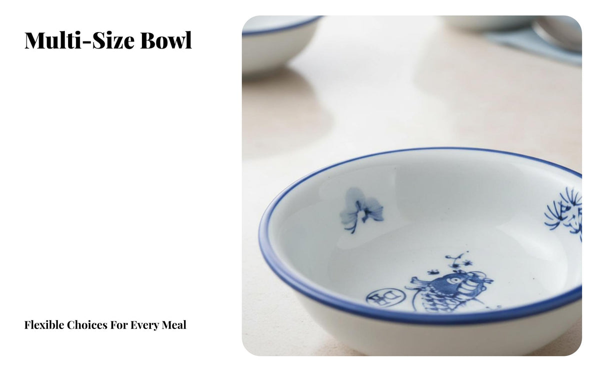 Chinese Vintage Indigo & Cream Porcelain Bowl and Plate Set, Thick Ceramic, Microwave Safe Tableware for Adults