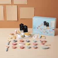45 Pieces Wooden Cutting Food Toy Child-Centered Based Wooden Culinary Pretend Pieces Set Muted Tones Colors for Young Children