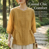 Blouses for Women UK Summer Tops with Stand Collar and Button Front, Half Sleeve Linen Shirt for Casual Wear, Tunic in Vintage Boho Style