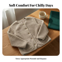 Round Neck Fleece Cardigan Warm women's Fleece Cardigan Soft Collarless Open Front Jacket for Young Adults, Students, Fall Season, Daily Wear, Outdoor