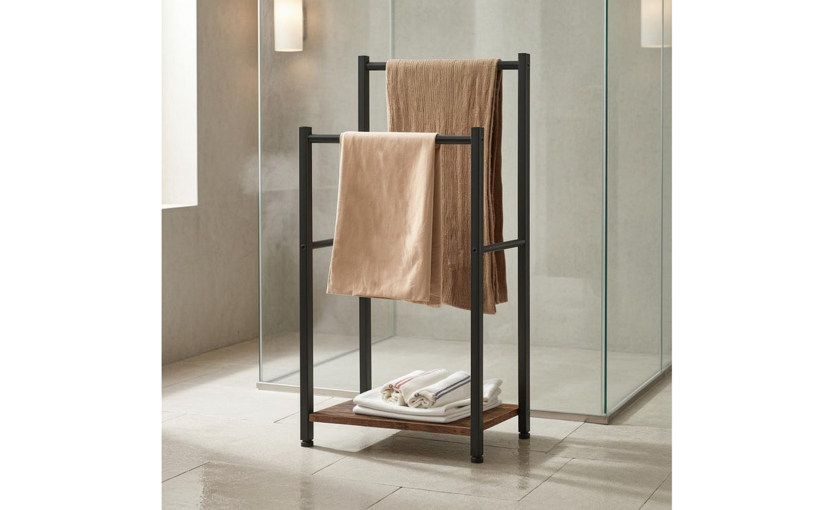 Freestanding Towel Rack Wood Grain Black Metal Towel Rack Open Frame
