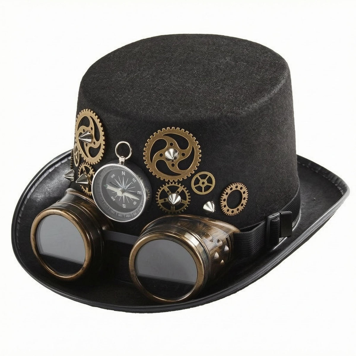 Compass Ornament Top Hat with Goggles Smooth Dark Finish Steampunk Top Hat