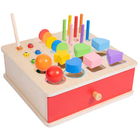 Drawer Style Educational Sorting Box Wooden Coin Insertion Toy Natural Wood Shape Matching Box Bright Colors for Toddlers, Preschoolers