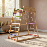 Wooden Climbing Frame with Cord Climbing Net Freestanding Wooden Climbing Arch Play Structure Wood Indoor Climbing Gym for Young Children, Kids