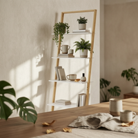 Leaning Ladder Shelf Space-Saving Leaning Shelf with Bamboo Frame Bamboo Ladder Bookcase Slim Furniture Vertical for Living Room