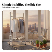 Mobile Design Rolling double-level Clothing Stand unattachedstanding Rolling Double Rod Clothes Organizer minimalist design Garment Rack Easy Assembly for Apartment Dwellers, Homeowners, Bedroom, Entryway, Laundry Room, Walk-in Closet