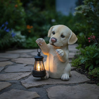 Resin Dog Garden Statue with Lantern Waterproof Puppy Statue with Solar Light Hand-Painted Dog Figurine with Lantern Decorative for Pathway