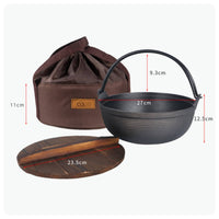 Cast Iron Stew Pot  with Wooden Lid Ribbed soup Pot with Storage Bag Portable Nabe for Outdoor Cooks, Picnics