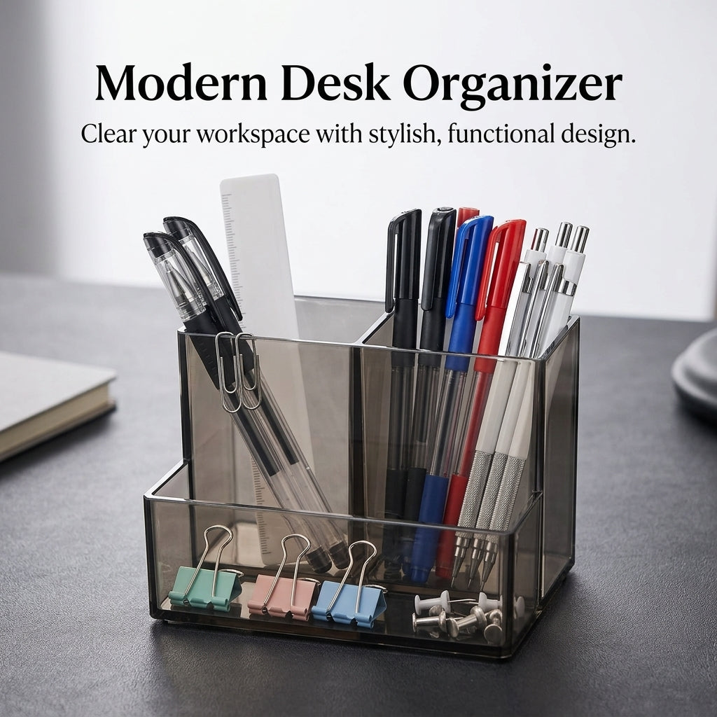Clear Acrylic Pen Organiser and Brush Holder, Multi Compartment Desk Organizer, Desktop Storage for Organization