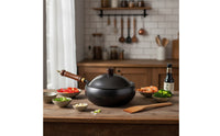 Even Heating Cast Iron Wok with Lid Heavy Duty Wok with Wooden Handle Long-Lasting Stir-Fry Pan with Wooden Lid Multistovetop Compatible for Home Cooks